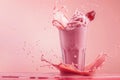 Strawberry milkshake splash in a glass against pink backdrop with berry garnish and dynamic droplets Royalty Free Stock Photo