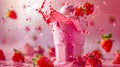 A strawberry milkshake with splashes of liquid