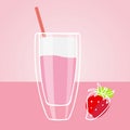Strawberry milkshake. Summer drink hake. Iced beverage in high glass with red Strawberry on table isolated. Flat cartoon