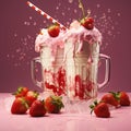 Strawberry milkshake with whipped cream and berry syrup in the big glass Royalty Free Stock Photo