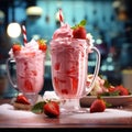 Strawberry milkshake with whipped cream and berry syrup in the big glass Royalty Free Stock Photo