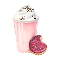 Strawberry milkshake with whipped cream, chocolate chips and red glazed donut with sprinkles watercolor illustration