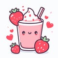 Strawberry milkshake with whipped cream, hearts, and strawberries, kawaii vector illustration, generative ai