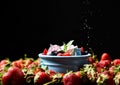 Strawberry and mint desert of fresh ripe  homemade yogurt pana cotta in blue jar on dark background Royalty Free Stock Photo