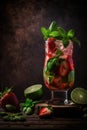 Strawberry Mojito cocktail with mint ice and lime. Nice dark background. Generative Ai