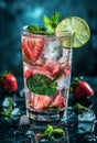 Strawberry mojito cocktail with lime and mint in highball glass on dark blue stone background Royalty Free Stock Photo