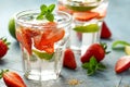 Strawberry Mojito cocktail with Rum, lime and mint in glass. Summer cold drink with ice Royalty Free Stock Photo