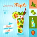 Strawberry Mojito Cocktail Set. Vector illustration, eps10.