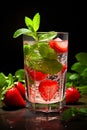 Strawberry mojito fresh summer berry cocktail drink on dark background. restaurant bar menu Royalty Free Stock Photo