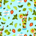 Strawberry Mojito Seamless Pattern. Vector illustration, eps10.