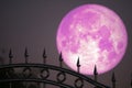 strawberry moon on night sky back silhouette stainless steel iron fence