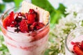 Strawberry mousse with fresh fruit and syringa flower.