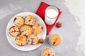 Strawberry muffin dessert with fresh milk glass on grey concrete background Royalty Free Stock Photo