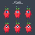 Strawberry one-eyed character with a set of different emotions in a flat style Royalty Free Stock Photo