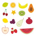 Strawberry, orange, banana cherry, lime, lemon, kiwi, plums, apples, watermelon, pomegranate, papaya, pear, pear on white Royalty Free Stock Photo