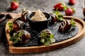 Strawberry Pancake dip with chocolate served in dish isolated on background top view of cafe food
