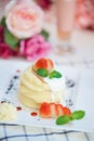Strawberry pancake or Ichigo souffle pancakes with soft focus on the top souffle