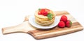 Strawberry Pancake Stack on Wooden Board, Bright Breakfast Composition Royalty Free Stock Photo