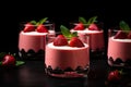 Strawberry panna cotta dessert in glasses on dark background, Strawberry panna cotta in glasses on a Black background, AI