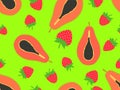 Strawberry and papaya seamless pattern. Summer exotic fruit and berry mix of papaya and strawberries. Design for banners, posters