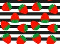 Strawberry pattern. Seamless striped background with drawn berry. Red fruit. Flat cartoon style