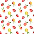Strawberry peach apricot ripe red yellow watercolor fruit seamless pattern. Endless print for textile, clothes, fashion fabric,