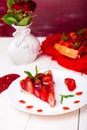 Strawberry pie on white plate and white wooden table. One piece. Romantic. Love. Heart. Royalty Free Stock Photo