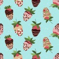 Strawberry in pink glaze, sprinkle on blue background. Seamless repeat pattern. Vector, flat