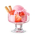 Strawberry pink ice cream scoops served on a glass dessert bowl isolated on white Royalty Free Stock Photo