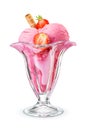 Strawberry pink ice cream scoops served on a tulip sundae glass cup isolated on white Royalty Free Stock Photo