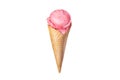 Strawberry pink ice cream waffle cone on white background isolated food