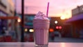 Strawberry pink milkshake in glass on evening city background. Milk shake cold fast food drink in cafe. Sweet fresh cocktail