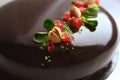 Strawberry and pistachio chocolate cake with mirror glaze, strawberry jelly and raw pistachios Royalty Free Stock Photo