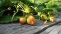 Strawberry plant with green leaves, flowers and unripe berries in the morning sun close up. Royalty Free Stock Photo