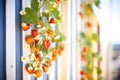 strawberry plants bearing fruit in a vertical hydroponic wall