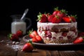 Strawberry pudding cake with yogurt on wooden table. Generative ai