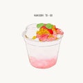 Strawberry pudding crumble kakigori hand drawn water color illus