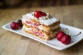 Strawberry puff mille-feuille with cherry Royalty Free Stock Photo