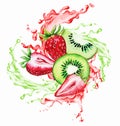 Strawberry and qiwi in the splash of red and green juice