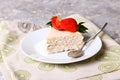 Strawberry quark cake on a white plate