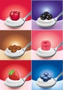 Strawberry, raspberry, cherry, blueberry with cream on teaspoon Royalty Free Stock Photo