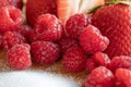 Strawberry. Raspberry. Fruits. Sugar. Raw. Macro. Red Royalty Free Stock Photo