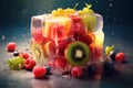 Strawberry, raspberry, kiwi, grapes and blueberry fruit ice, refreshing fruity icecream, AI Generated