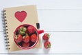 Strawberry in a red mug on a white table