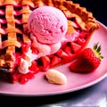 Strawberry rhubarb pie pink filling lattice crust a scoop of vanilla ice cream melting on