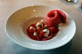 Strawberry and rhubarb premium ice cream with Anjou style cram, luxury dessert unique cuisine in VIP gastronomy restaurant