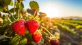 Strawberry ripening in the field at sunset, close up Royalty Free Stock Photo