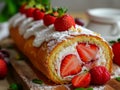 Strawberry roll cake with cream and fresh berries on wooden table Generative AI Royalty Free Stock Photo