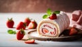 Strawberry roll cake on wooden background. Selective focus. Royalty Free Stock Photo