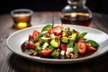 Strawberry salad with spinach, feta cheese, avocado, balsamic vinegar and olive oil in a plate